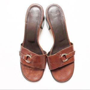COACH Slides Sandals Block Heels Brown Leather
